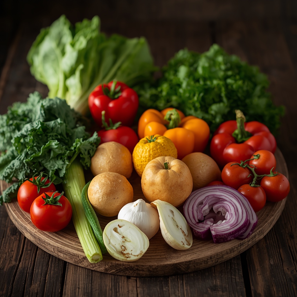 High quality professional photo of fresh organic vegetables and fruits on a rustic wooden table, soft lighting, 8k resolution, photorealistic, food photography, vibrant colors, clean and elegant presentation